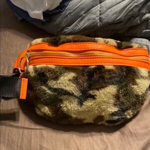 Camouflage Faux Fur Crossbody Bag with Orange Accents
